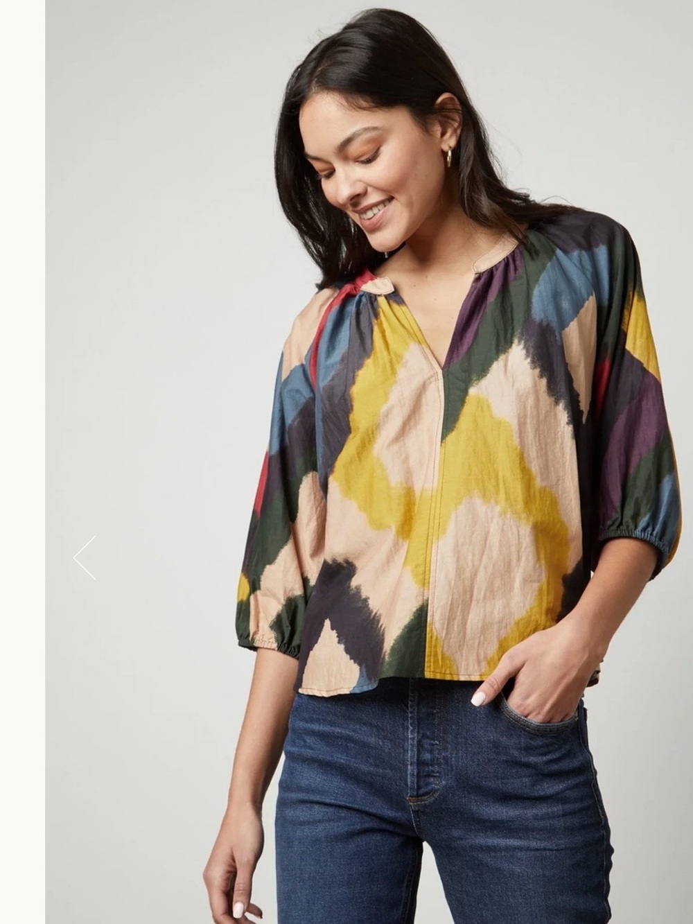 Velvet Multicolor Abstract V-Neck 3/4 Sleeve Blouse
